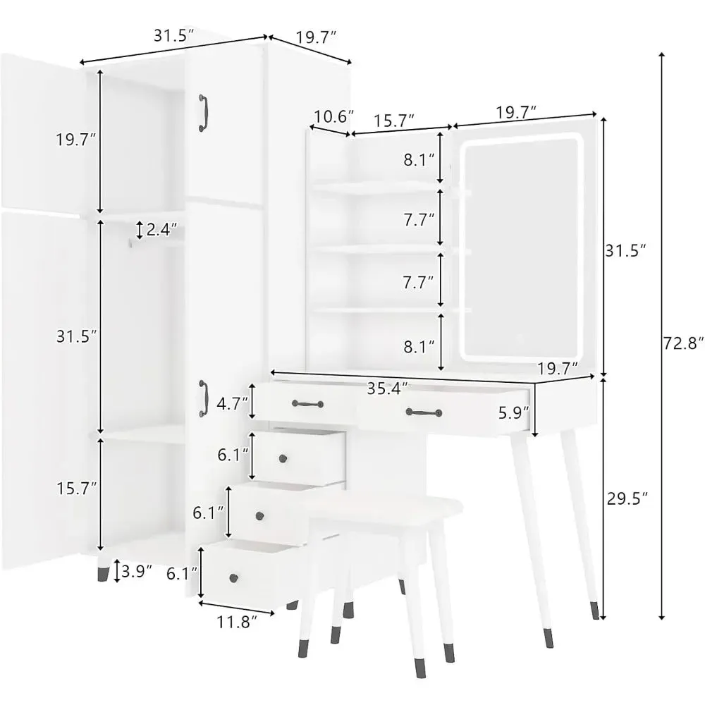 Vanity Desk with LED Mirror, Charging Station, and Wardrobe for Storage