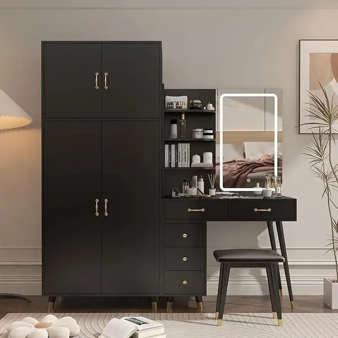 Vanity Desk with LED Mirror, Charging Station, and Wardrobe for Storage